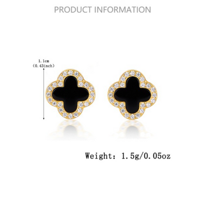 Four-leaf clover stud earrings, gold tone with gemstone pavé border