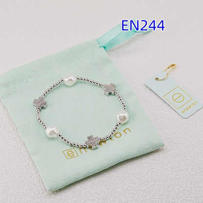 Silver cross pearl beaded bracelet with bead links, bar cross charms, clasp