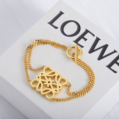 Gold LOEWE square cutout logo bracelet with link chain and openwork pendant