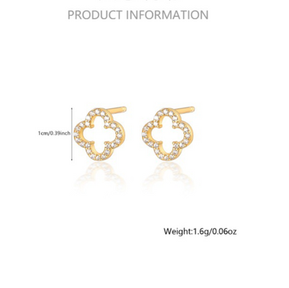 Gold-tone four-leaf clover stud earrings with openwork design and pavé stones