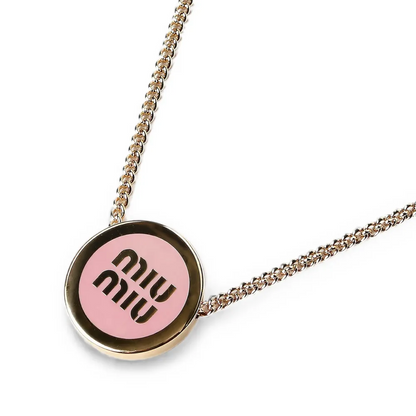 Miu Miu Gold Logo Enamel Necklace | White, Pink & Black