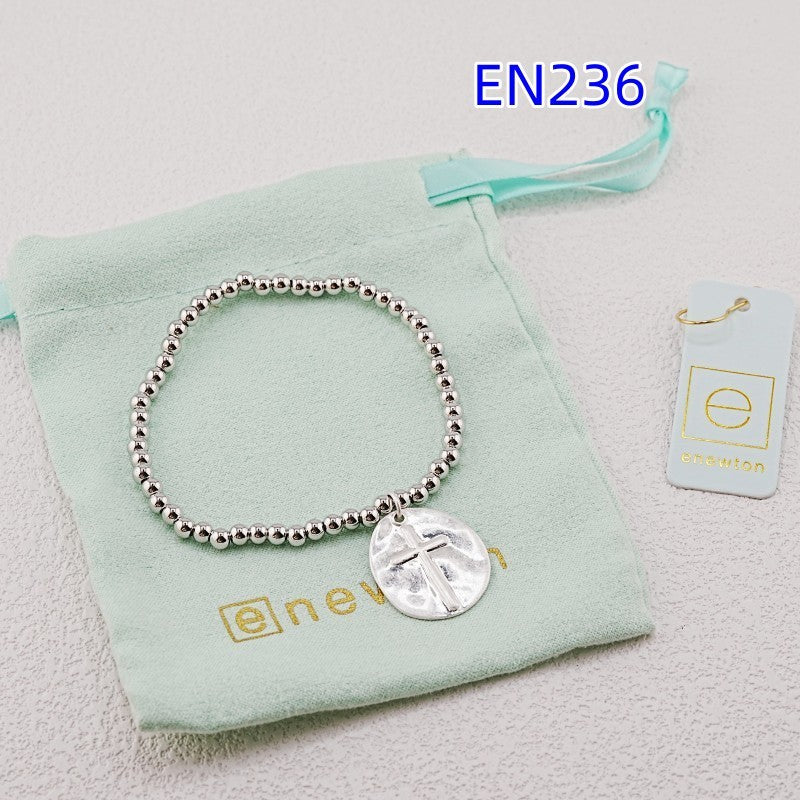 Silver-tone beaded bracelet with oval cross charm pendant and hook clasp