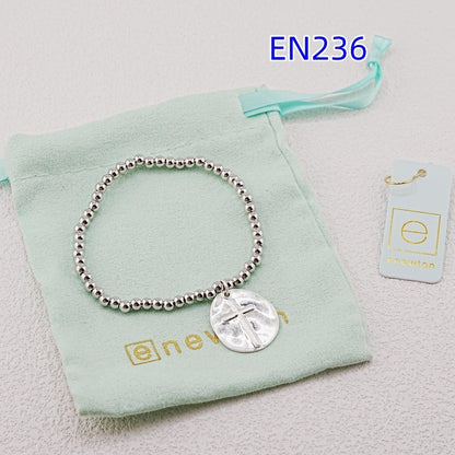 Silver-tone beaded bracelet with oval cross charm pendant and hook clasp