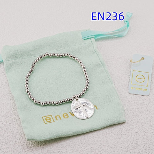Silver-tone beaded oval cross pendant bracelet with round cross charm