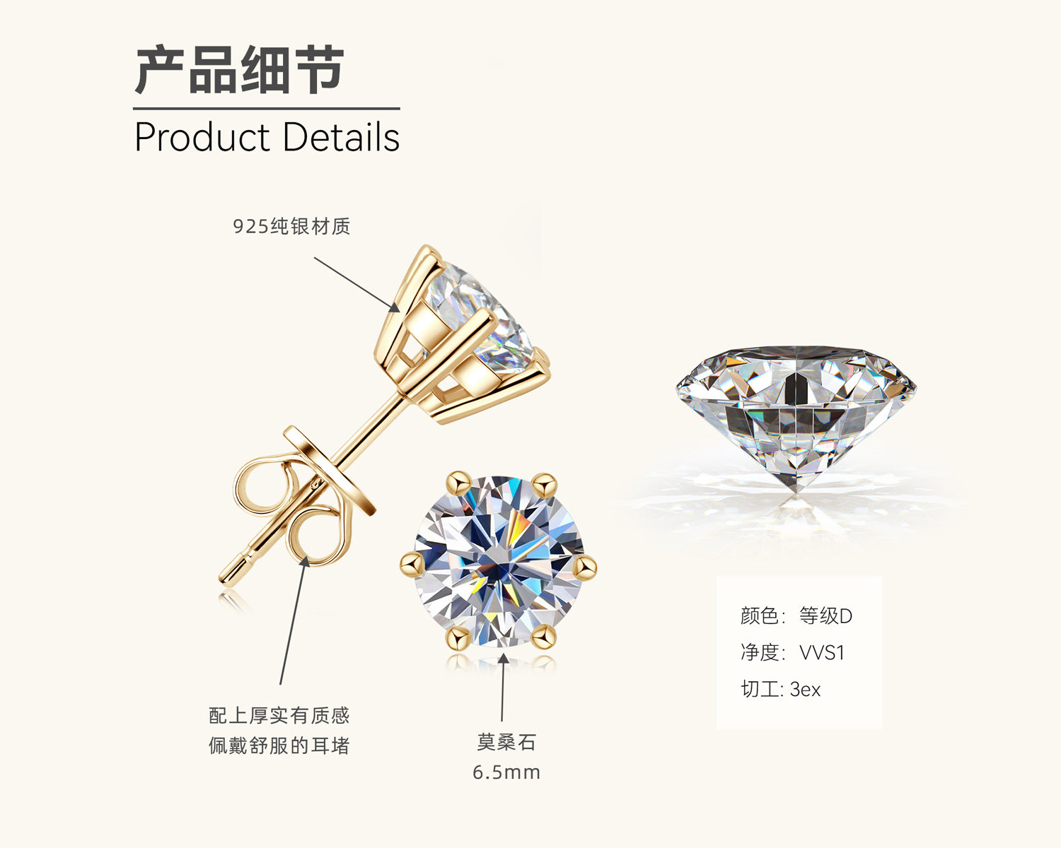925 Sterling Silver Moissanite Solitaire Earrings (Gold Finish)

