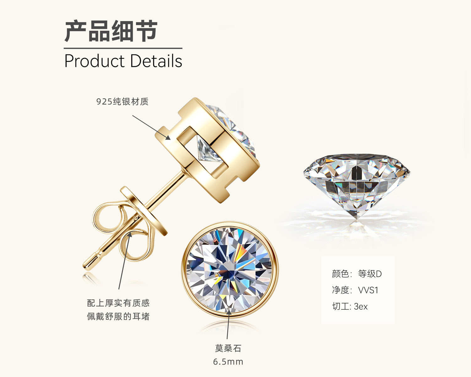 Chic Bezel Set Gold Moissanite Earrings

