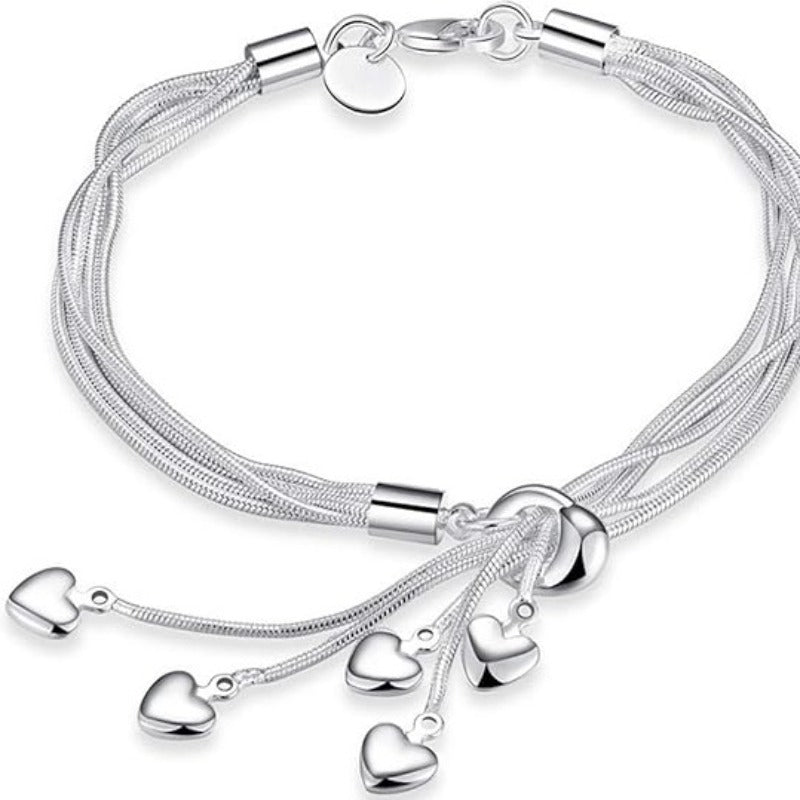 925 Sterling Silver Five-Line Chain with Five-Heart Bracelet Bangle