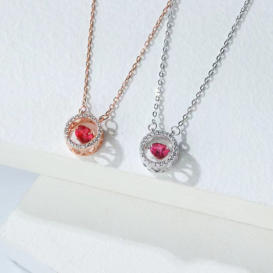 diamond circle red heart necklace