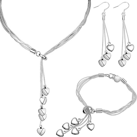 3 Pack Italian Silver Heart Chain Necklace for Women, Long Five-line Chain Heart Love Line Necklace Link Chain Bracelet Heart Earring Jewelry Set for Birthday Anniversary Valentine's Day Gift