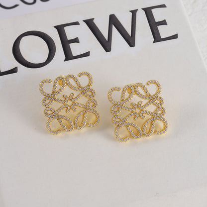 LOEWE square stud earrings with hollow logo, gold-tone and clear pavé stones.