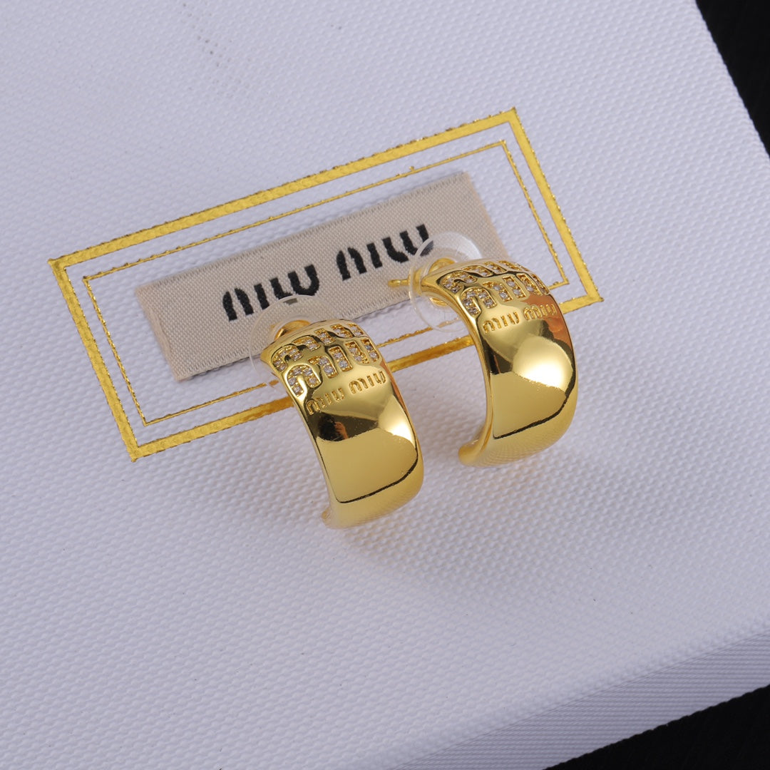Miu Miu gold glossy C-shaped hoop earrings with logo pavé detail