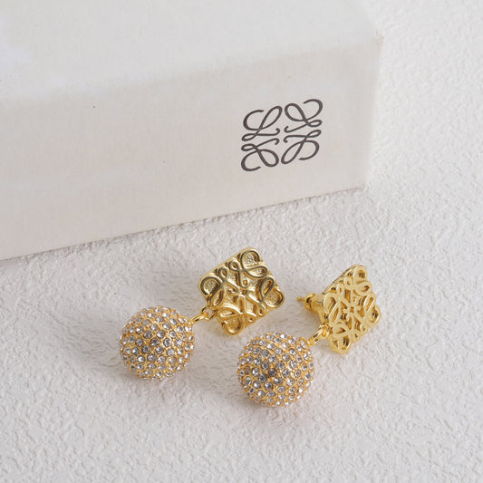 Gold-tone LOEWE logo square stud earrings with pavé round drop charms, pair view