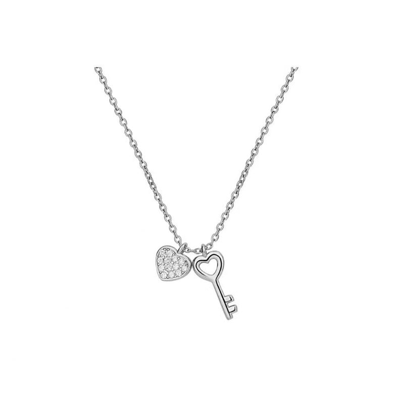 silver diamond heart with key necklace