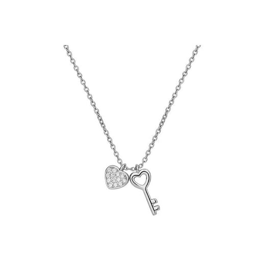 silver diamond heart with key necklace