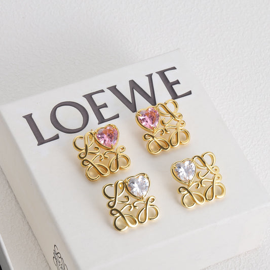 LOEWE heart zircon square earrings on card: gold-tone with clear and pink stones