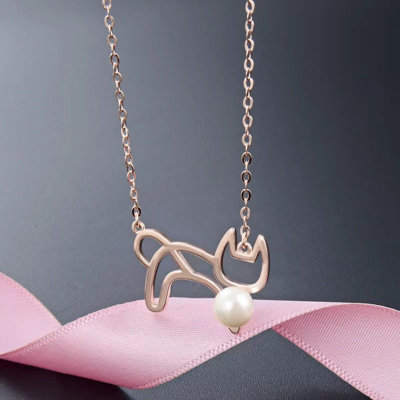 cat with pearl ball necklace for women