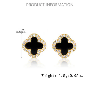 Four-leaf clover earrings with black onyx and pavé stones; size guide shown