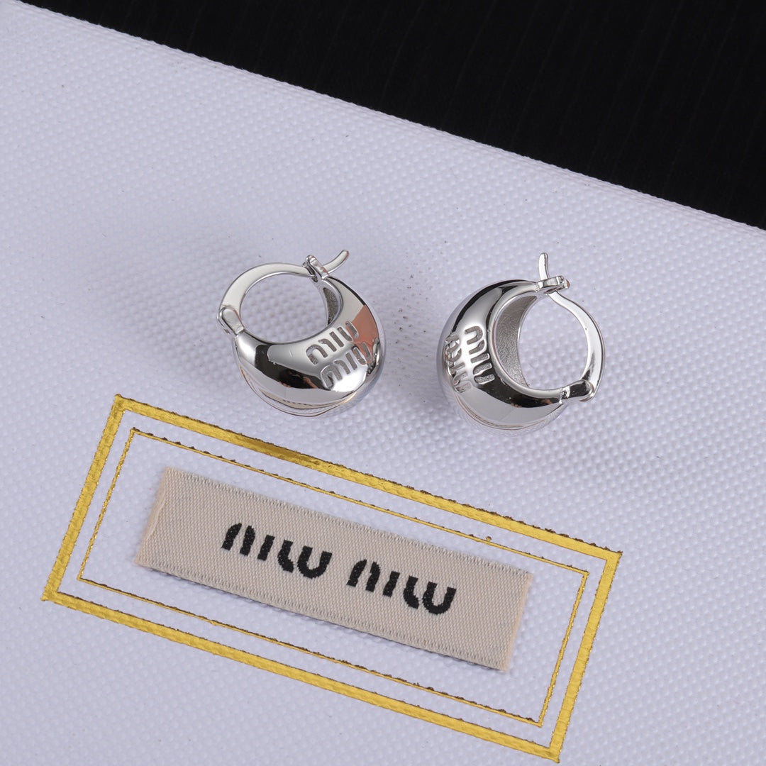 Miu Miu white gold hoop earrings with logo engraving and hinged clasp