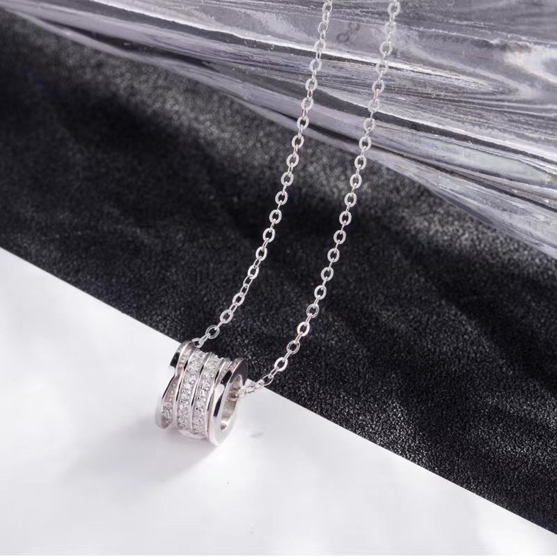 s925 Sterling Silver Full Crystal Three Layer Round Cylinder Pendant Necklace For Women Jewelry
