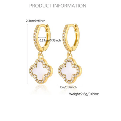 Gold four-leaf clover hoop earrings with mother-of-pearl center and crystal pavé