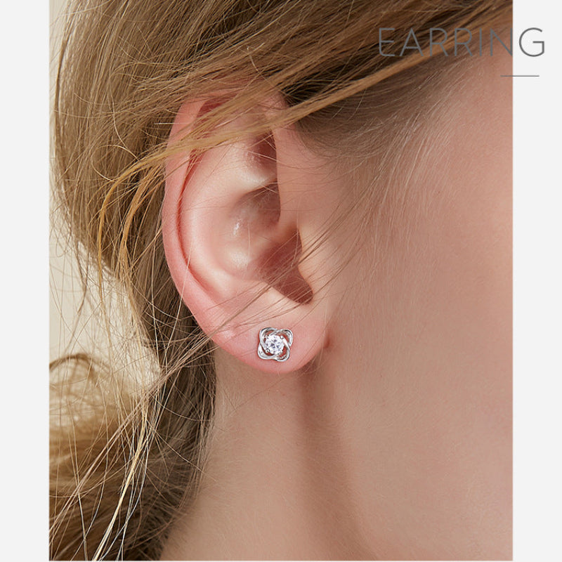 S999 Sterling Silver Lucky Four-Leaf Clover Flower Earrings