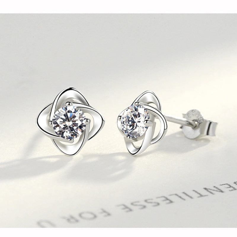 S999 Sterling Silver Lucky Four-Leaf Clover Flower Earrings