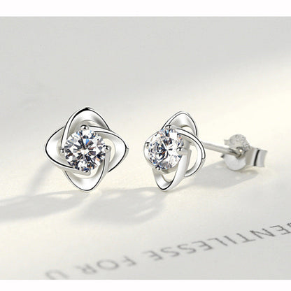S999 Sterling Silver Lucky Four-Leaf Clover Flower Earrings