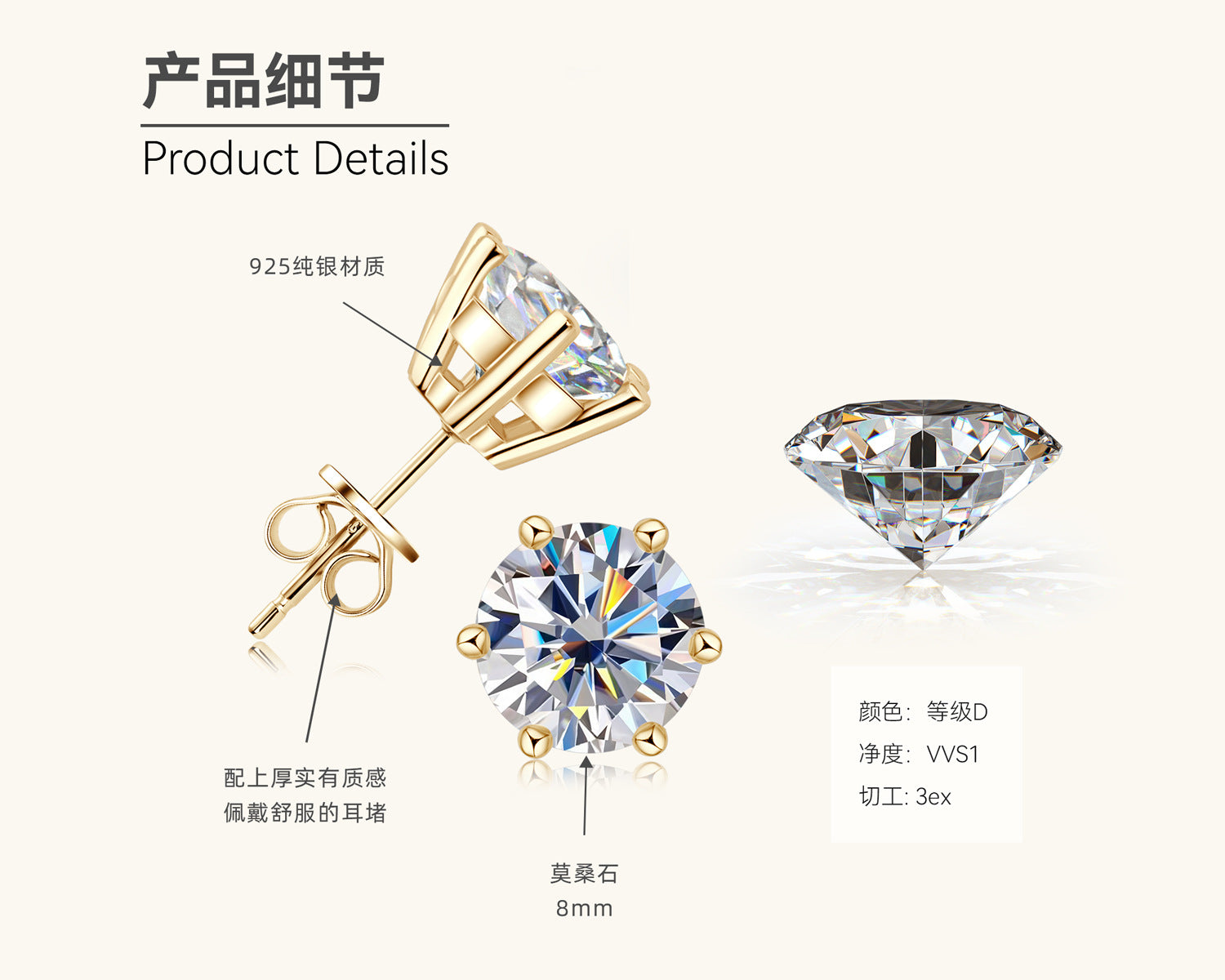 3EX Cut Moissanite Classic Stud Earrings

