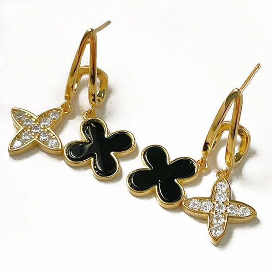 Pave Crystal and Black Enamel Clover Earrings

