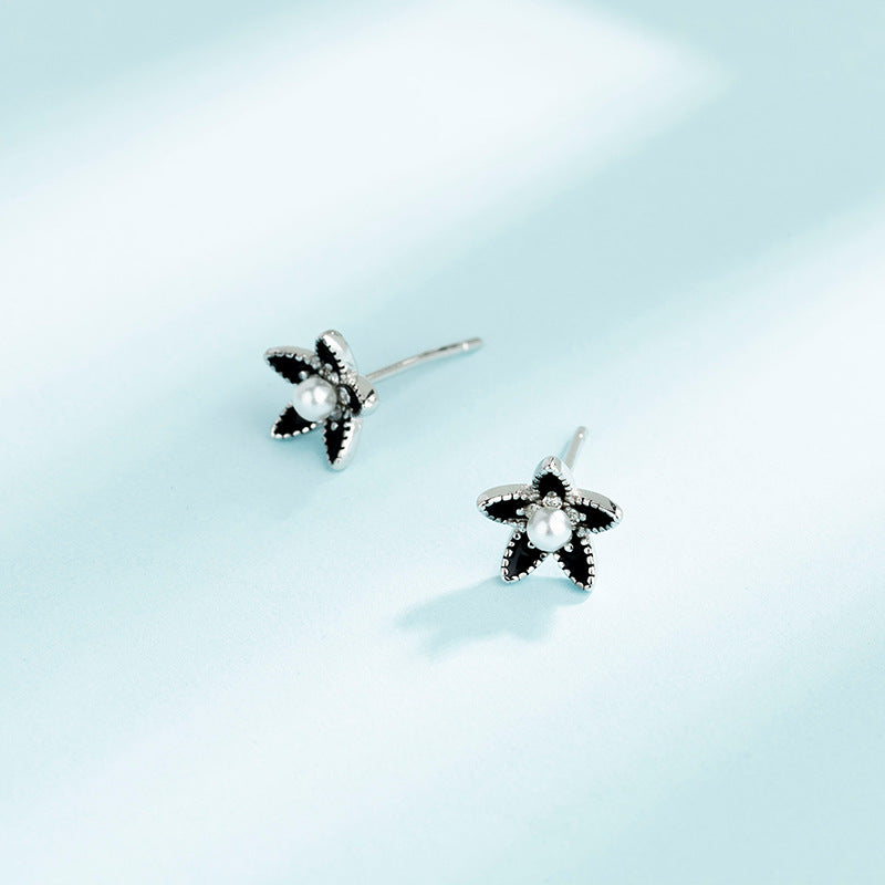 Silver Tone Black Flower Pearl Studs

