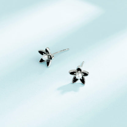 Silver Tone Black Flower Pearl Studs

