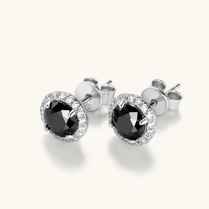 Black Spinel Halo Stud Earrings