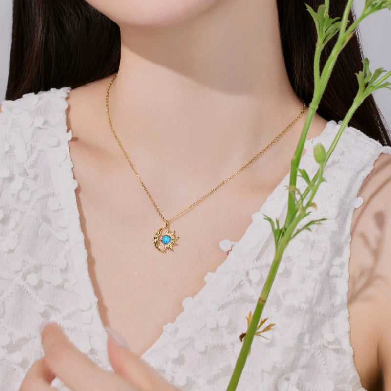 Smiling Moon and Sun Opal Gold Necklace

