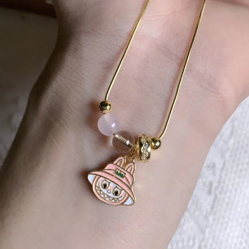 S925 sterling silver natural crystal labubu pink jade enamel