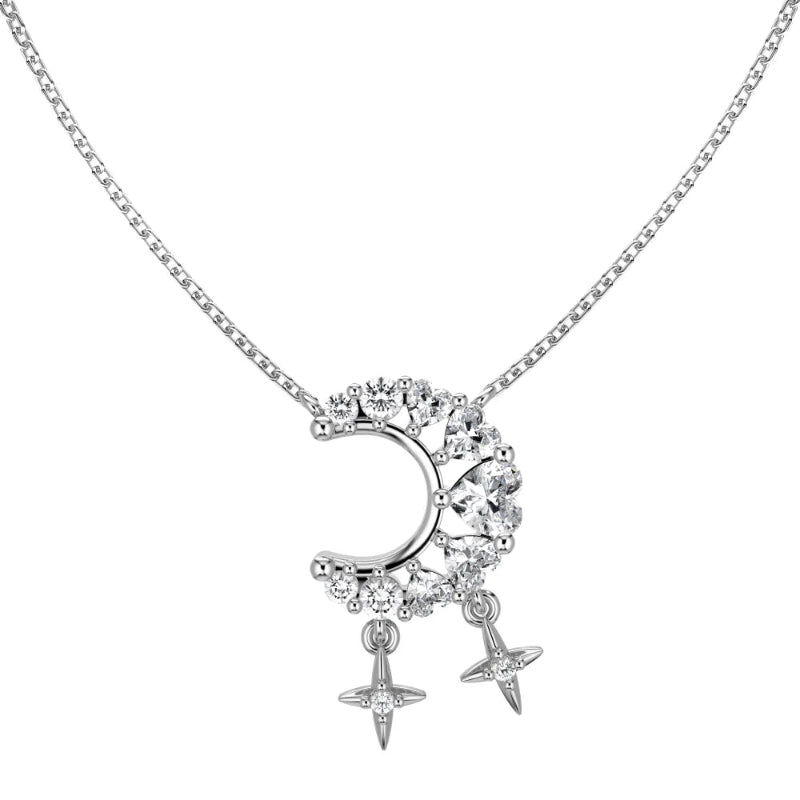 Crystal Pave Crescent Moon with Drop Stars Necklace

