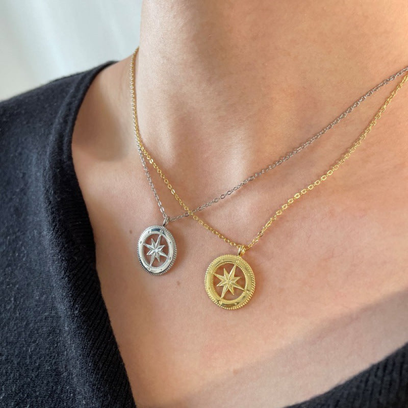 Rope Border Compass Rose Silver Pendant

