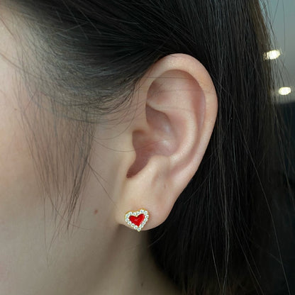 Sparkling Gold Heart Studs with Red Center

