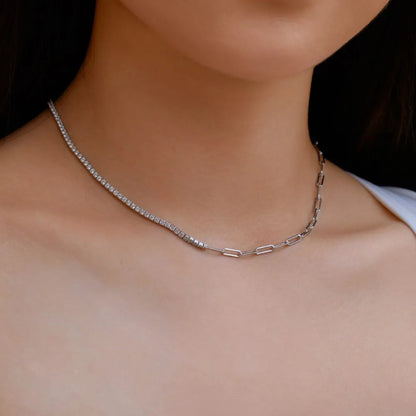 Glamorous Paperclip Zirconia Tennis Necklace