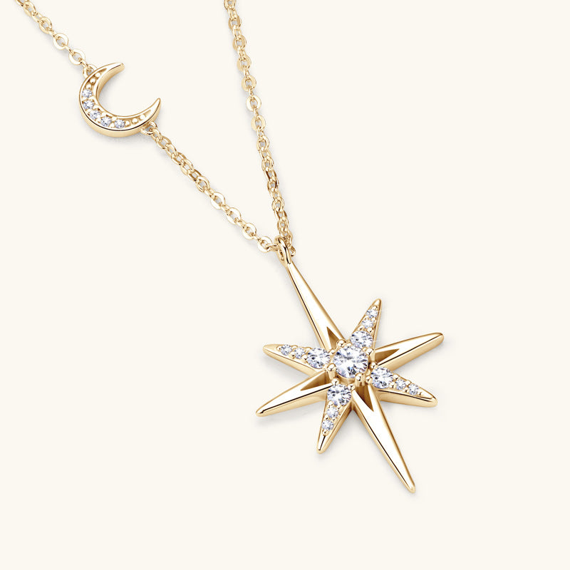 Dazzling Moissanite Starburst and Crescent Necklace

