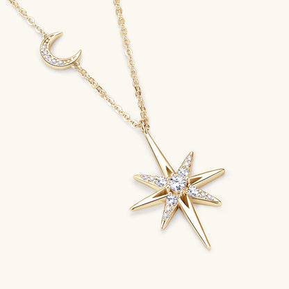 Dazzling Moissanite Starburst and Crescent Necklace

