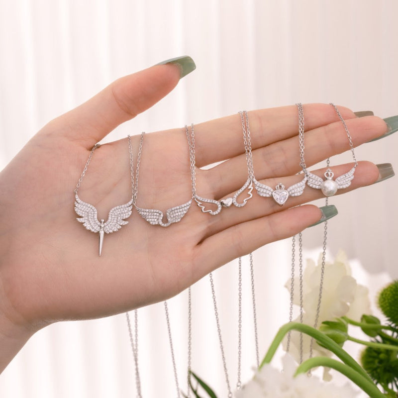 Shimmering Silver Pave Wings and Central Heart Necklace

