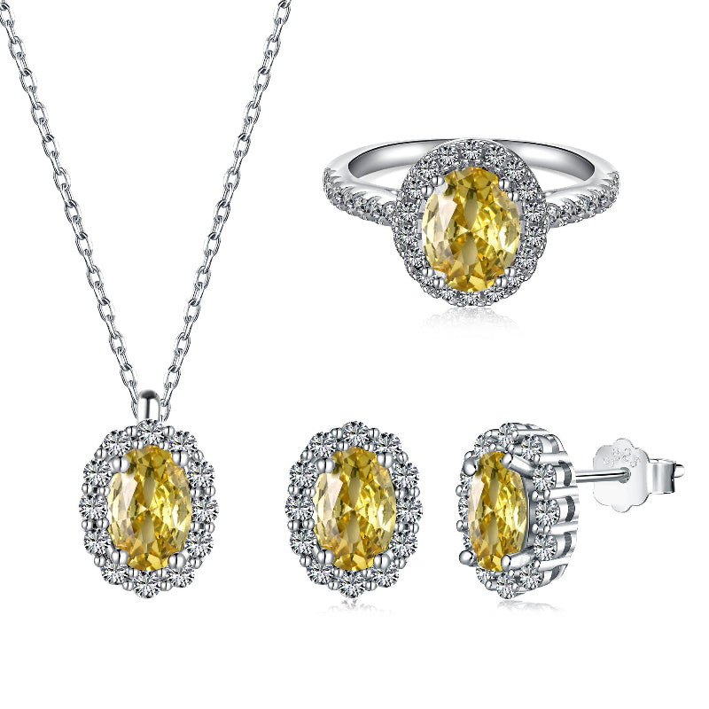 Shimmering Silver Amber-Colored Oval Gem with Pave Frame

