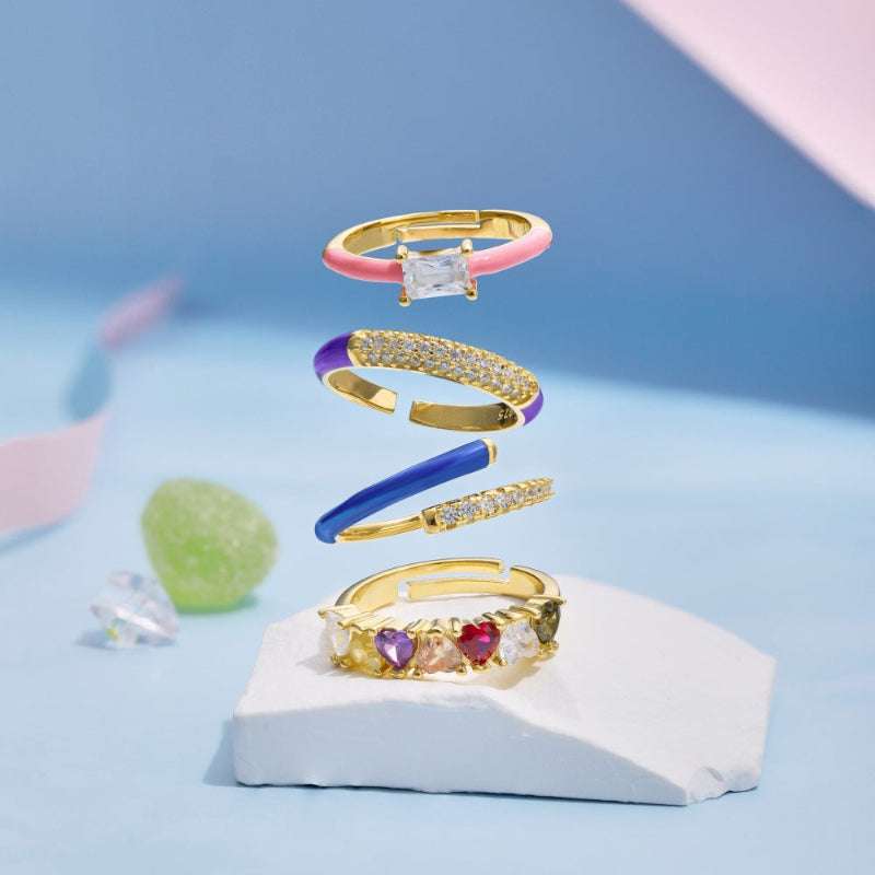 Contemporary Gold Ring with Baguette Crystal and White Enamel

