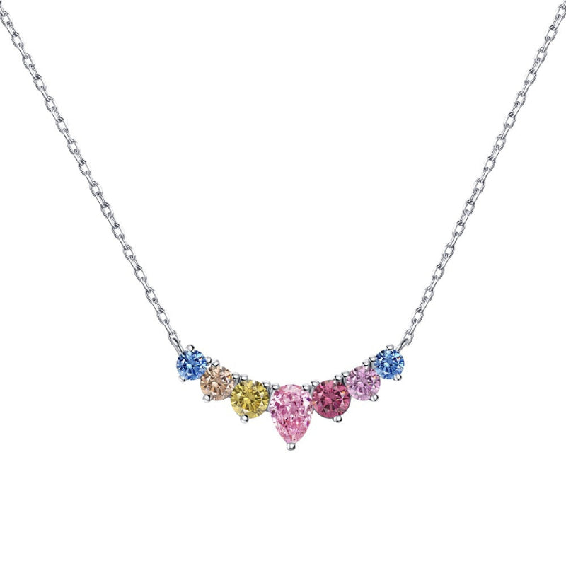 Silver Rainbow Arc Necklace with Blue and Pink Gems

