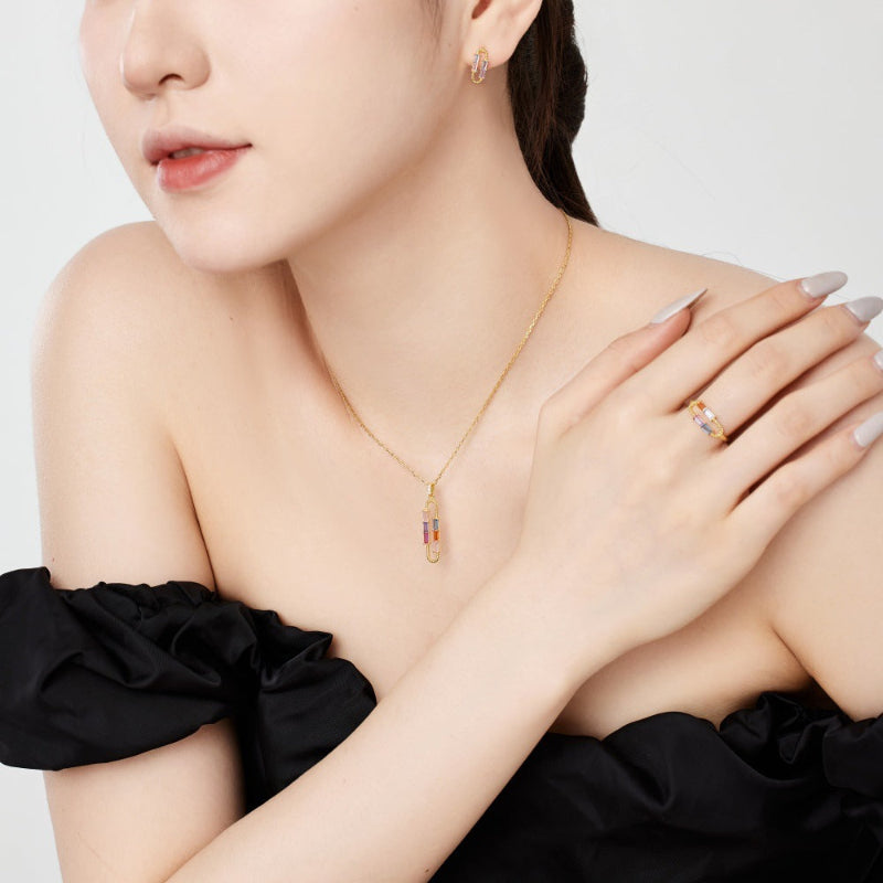 Dainty Gold Chain with Colorful Bar Gem Pendant

