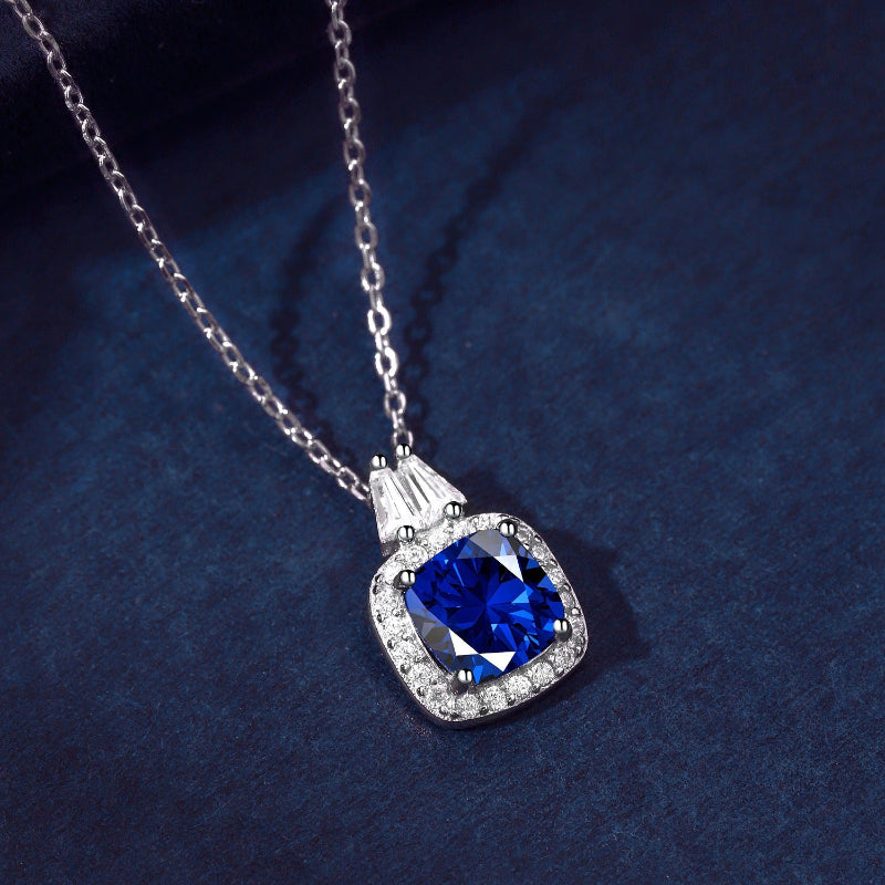 Glamorous Silver Simulated Sapphire Cushion Cut Necklace

