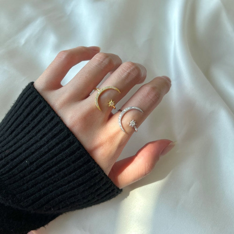 Sparkling Moon and Star Adjustable Ring

