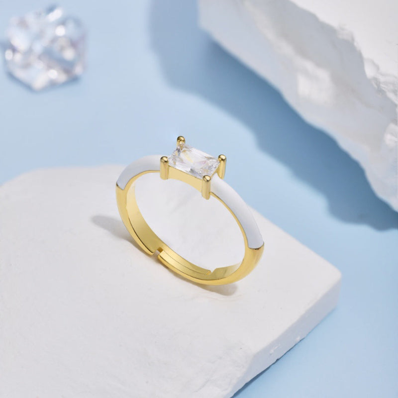 Simple Emerald Cut Adjustable Ring with White Enamel

