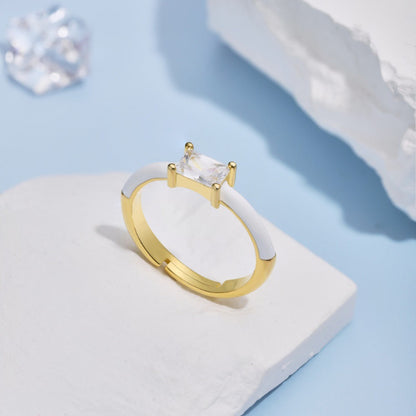 Simple Emerald Cut Adjustable Ring with White Enamel

