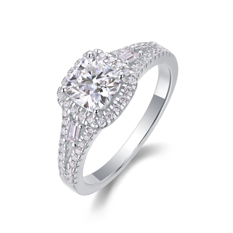 S925 Silver Moissanite with Baguette Side Stones Ring

